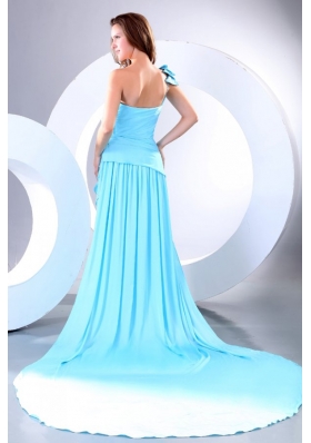 Empire One Shoulder Aqua Blue Prom Dresses with Watteau Train