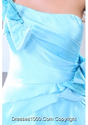 Empire One Shoulder Aqua Blue Prom Dresses with Watteau Train