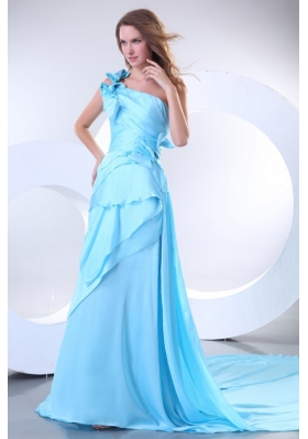 Empire One Shoulder Aqua Blue Prom Dresses with Watteau Train