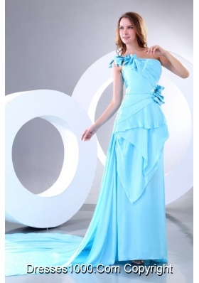 Empire One Shoulder Aqua Blue Prom Dresses with Watteau Train
