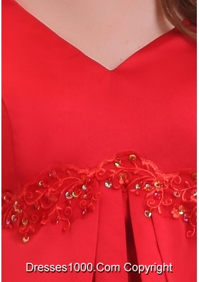 Empire V-neck Appliqued Satin Red Prom Dress with Short Sleeves