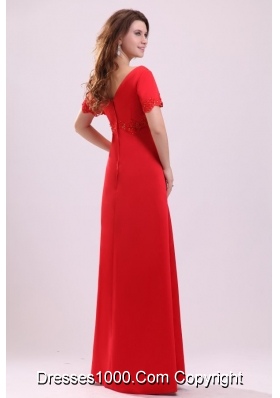 Empire V-neck Appliqued Satin Red Prom Dress with Short Sleeves