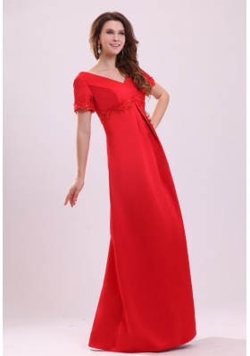 Empire V-neck Appliqued Satin Red Prom Dress with Short Sleeves