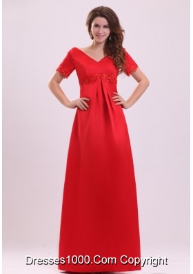 Empire V-neck Appliqued Satin Red Prom Dress with Short Sleeves
