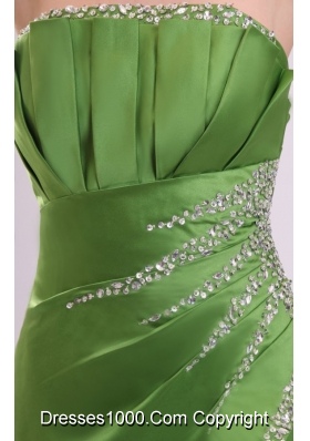 Green Column Strapless Satin Prom Theme Dresses with Beading