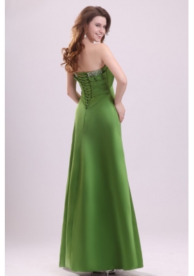 Green Column Strapless Satin Prom Theme Dresses with Beading