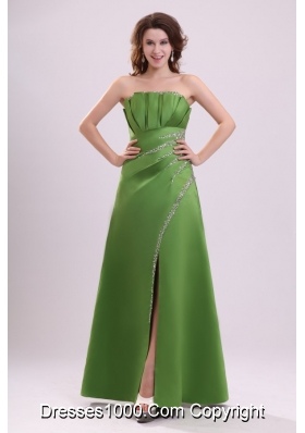 Green Column Strapless Satin Prom Theme Dresses with Beading