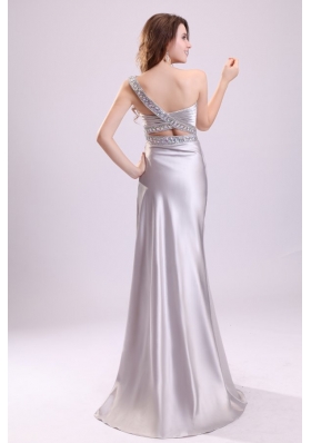 Grey One Shoulder Beaded Prom Maxi Dress with Watteau Train