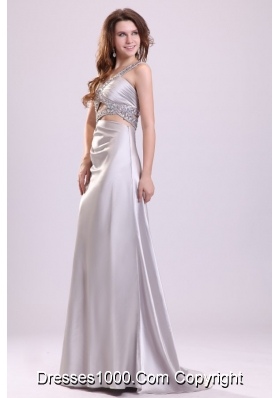 Grey One Shoulder Beaded Prom Maxi Dress with Watteau Train