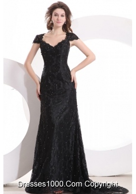 Lace Black Column V Neck Prom Pageant Dress with Brush Train