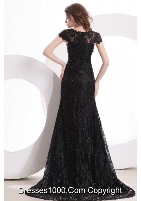 Lace Black Column V Neck Prom Pageant Dress with Brush Train