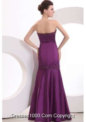 Mermaid Strapless Purple Satin Prom Party Dress with Appliques