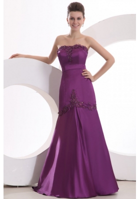 Mermaid Strapless Purple Satin Prom Party Dress with Appliques