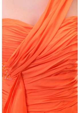 Orange Red One Shoulder Beaded Prom Dresses with Court Train