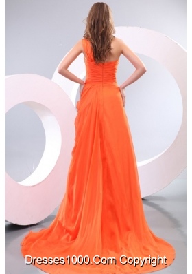 Orange Red One Shoulder Beaded Prom Dresses with Court Train