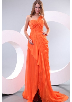 Orange Red One Shoulder Beaded Prom Dresses with Court Train