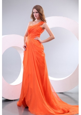 Orange Red One Shoulder Beaded Prom Dresses with Court Train