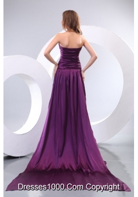 Popular Sweetheart Ruched Purple Prom Dresses with Watteau Train