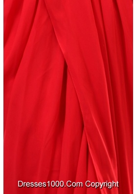 Red Column V-neck Short Sleeves Prom Maxi Dress with High Silt