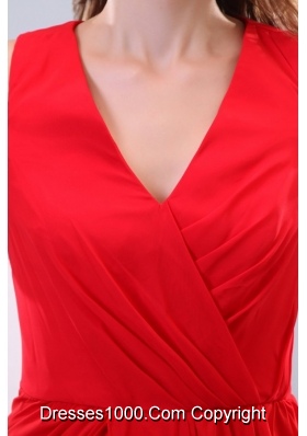 Red Column V-neck Short Sleeves Prom Maxi Dress with High Silt