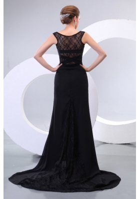 Scoop Black Chiffon Lace Prom Pageant Dresses with Court Train