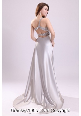 Sexy Column One Shoulder Brush Train Grey Beaded Prom Gown