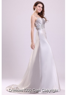 Sexy Column One Shoulder Brush Train Grey Beaded Prom Gown