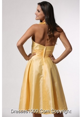 Simple Halter Top Yellow Tea-length Prom Gown Dress with Ruffles