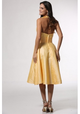 Simple Halter Top Yellow Tea-length Prom Gown Dress with Ruffles