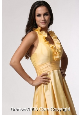 Simple Halter Top Yellow Tea-length Prom Gown Dress with Ruffles