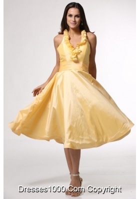 Simple Halter Top Yellow Tea-length Prom Gown Dress with Ruffles