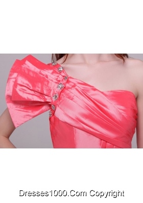 Watermelon Red One Shoulder Taffeta Prom Dresses with Ruching