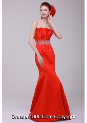 Mermaid Strapless Beads Red Zipper Up Full Length Prom Attire