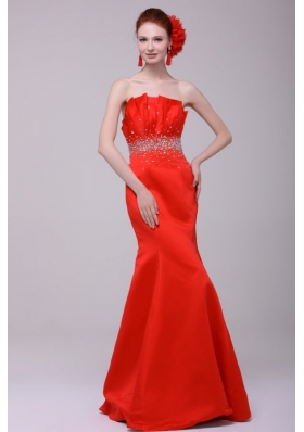 Mermaid Strapless Beads Red Zipper Up Full Length Prom Attire