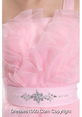 Pretty Baby Pink One Shoulder Organza Prom Evening Dress