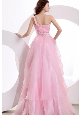 Pretty Baby Pink One Shoulder Organza Prom Evening Dress