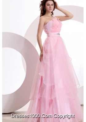 Pretty Baby Pink One Shoulder Organza Prom Evening Dress