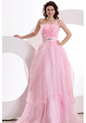 Pretty Baby Pink One Shoulder Organza Prom Evening Dress