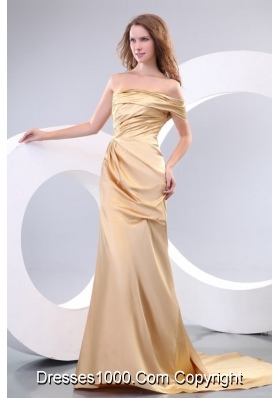Asymmetrical Column One-shoulder Champagne Prom Gown with Brush Train