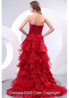 Sweep Train Ruffled Layers Red Organza Prom Celebrity Dress