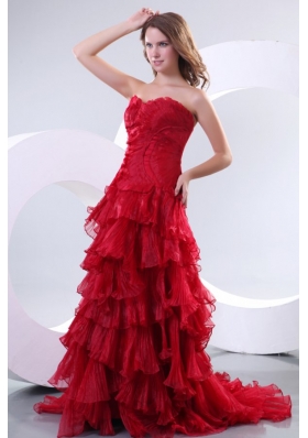 Sweep Train Ruffled Layers Red Organza Prom Celebrity Dress