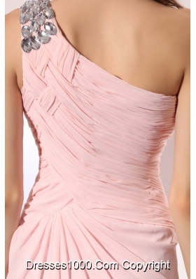 Ruched One Shoulder Pink Chiffon Long Prom Evening Dress