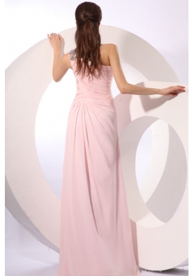Ruched One Shoulder Pink Chiffon Long Prom Evening Dress