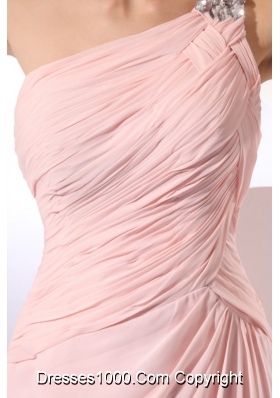 Ruched One Shoulder Pink Chiffon Long Prom Evening Dress