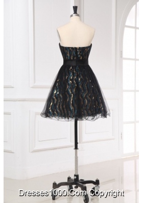 Wonderful Black Mini-length Short Prom Dress with Flowers Belt