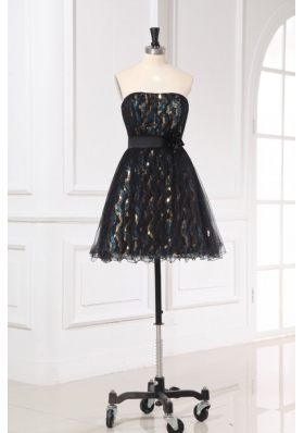 Wonderful Black Mini-length Short Prom Dress with Flowers Belt