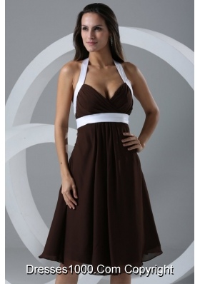 Special Brown and White Halter Top Chiffon Knee-length Prom Dress