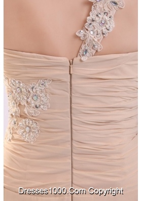 Popular High Slit One-shoulder Appliqued Champagne Long Prom Dress