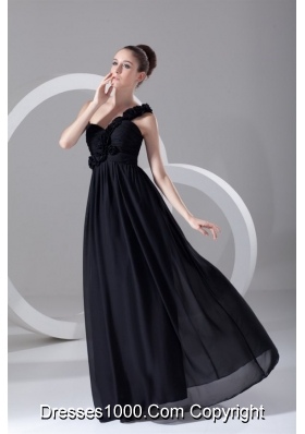 On Sale One-shoulder Black Chiffon Prom Dress with Empire Waist