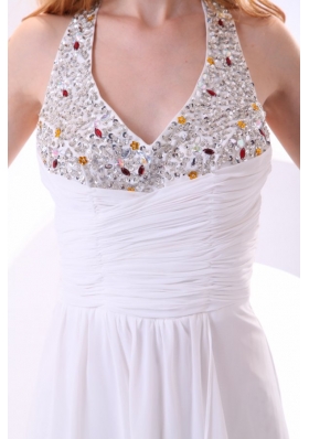 Halter V-neck Full-length Chiffon Beaded White Formal Prom Gown